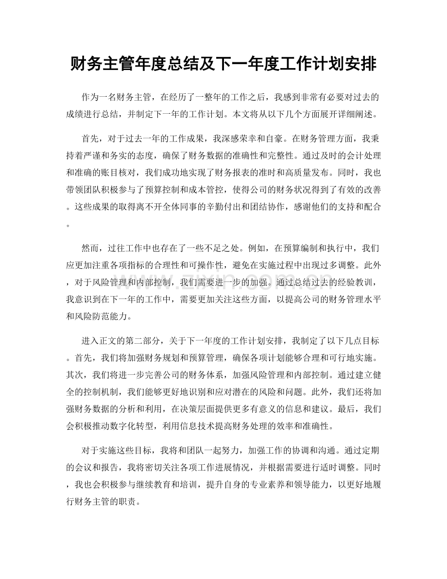 财务主管年度总结及下一年度工作计划安排.docx_第1页