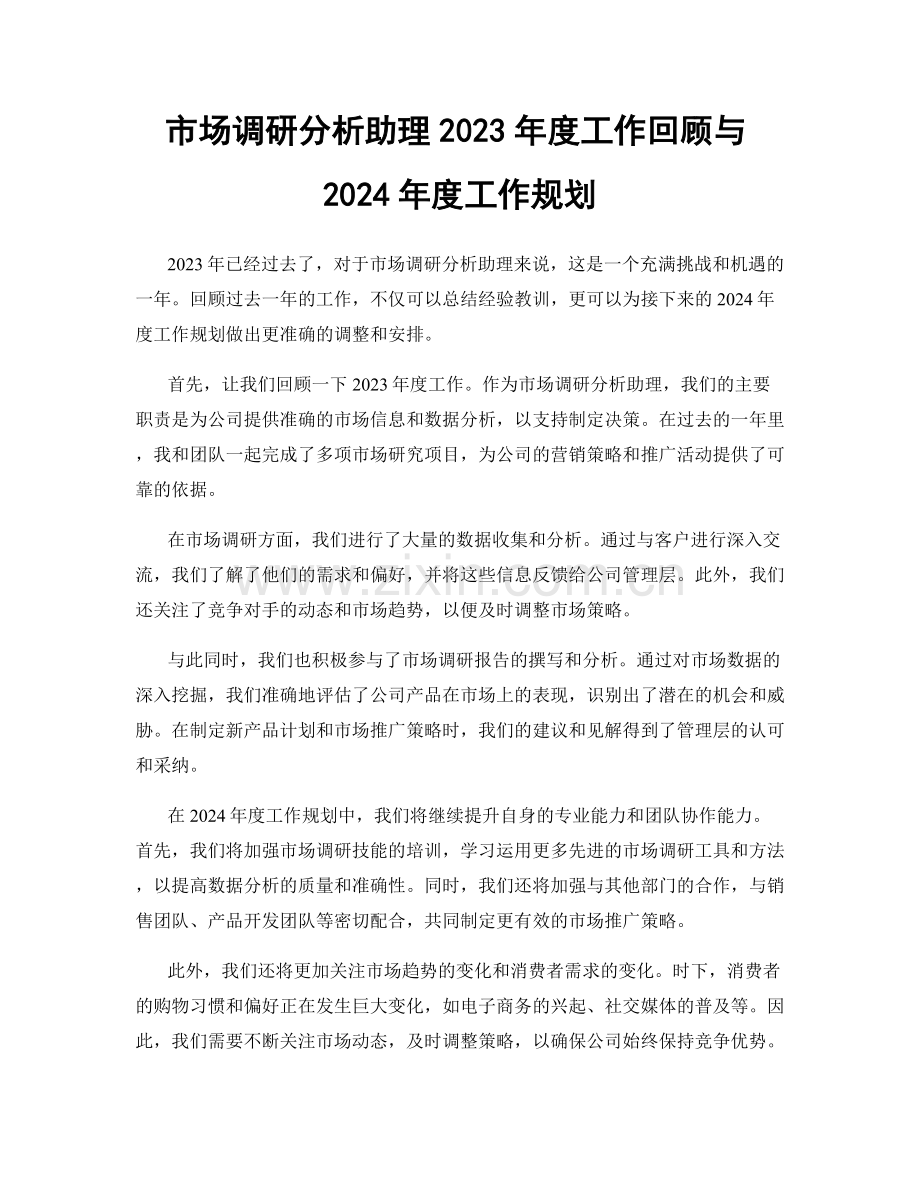 市场调研分析助理2023年度工作回顾与2024年度工作规划.docx_第1页