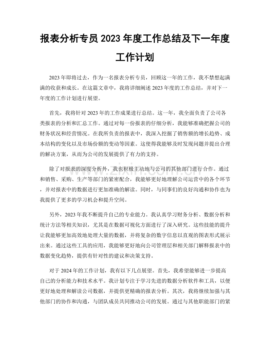 报表分析专员2023年度工作总结及下一年度工作计划.docx_第1页