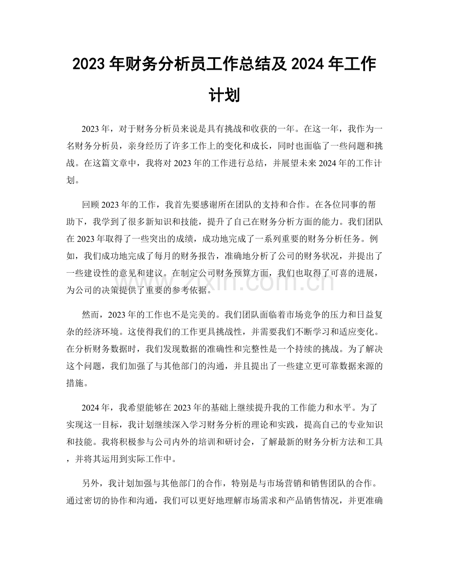 2023年财务分析员工作总结及2024年工作计划.docx_第1页