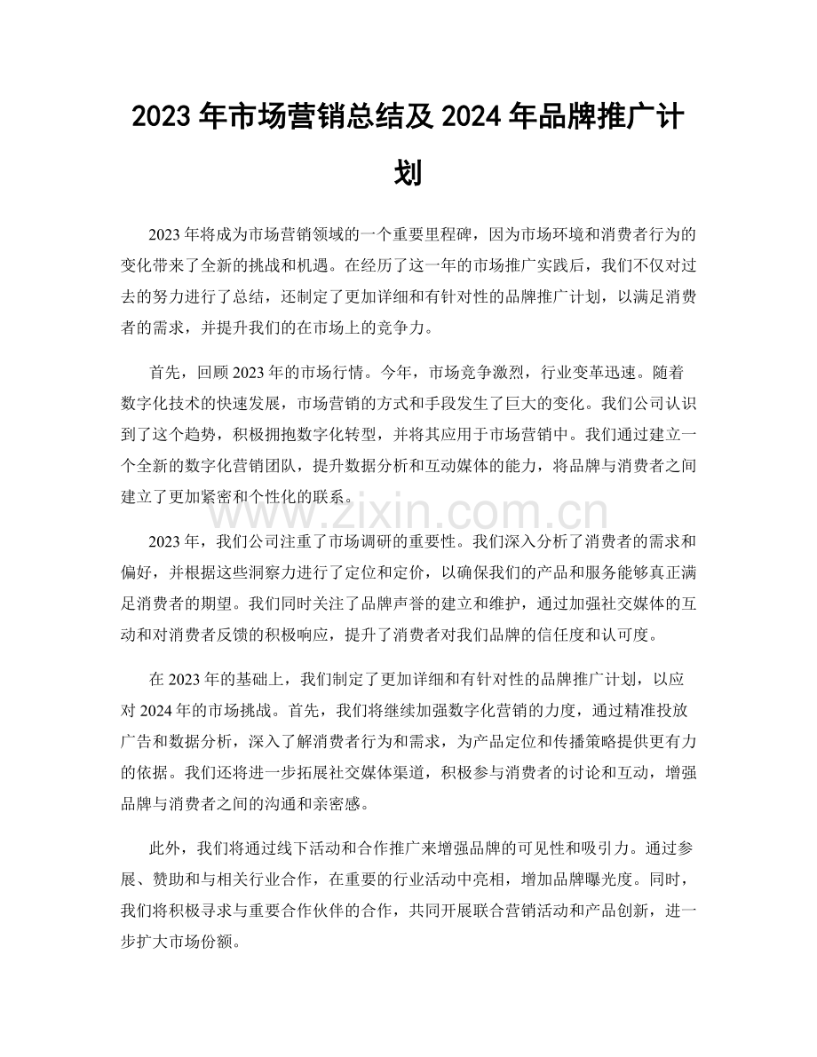 2023年市场营销总结及2024年品牌推广计划.docx_第1页