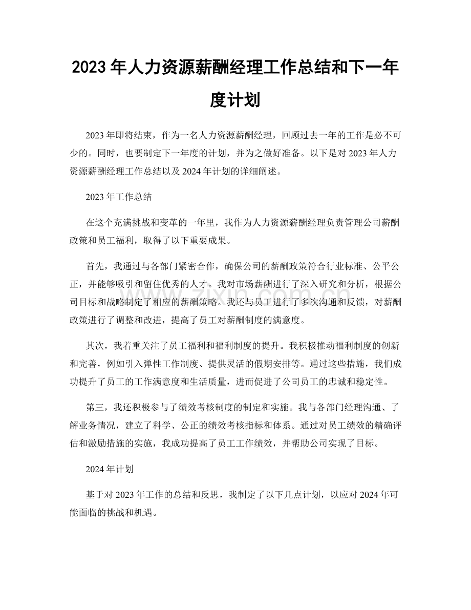 2023年人力资源薪酬经理工作总结和下一年度计划.docx_第1页