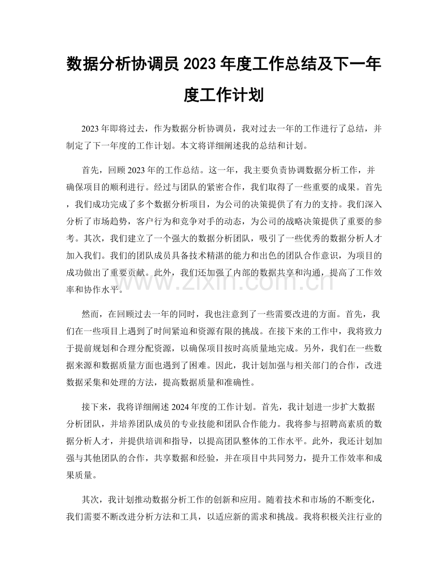 数据分析协调员2023年度工作总结及下一年度工作计划.docx_第1页