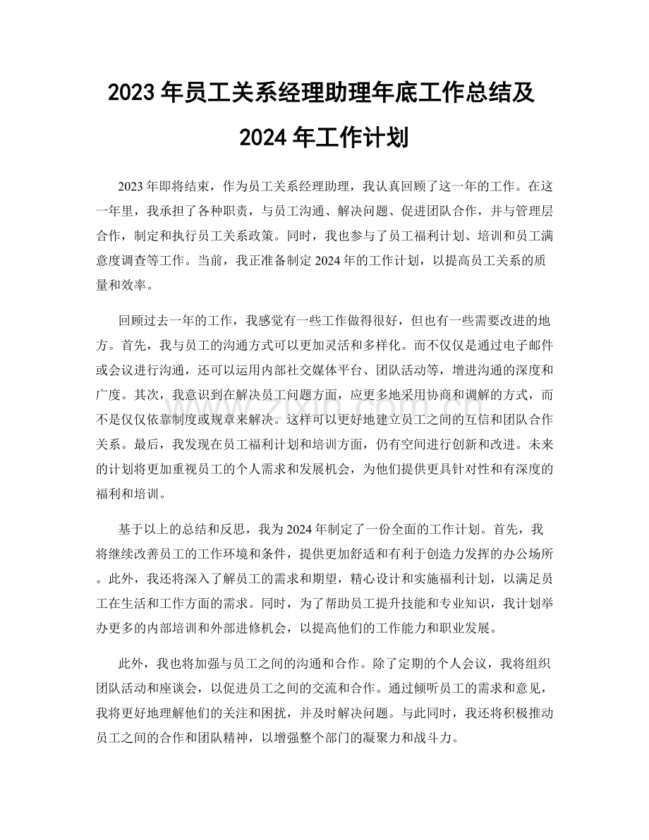 2023年员工关系经理助理年底工作总结及2024年工作计划.docx_第1页