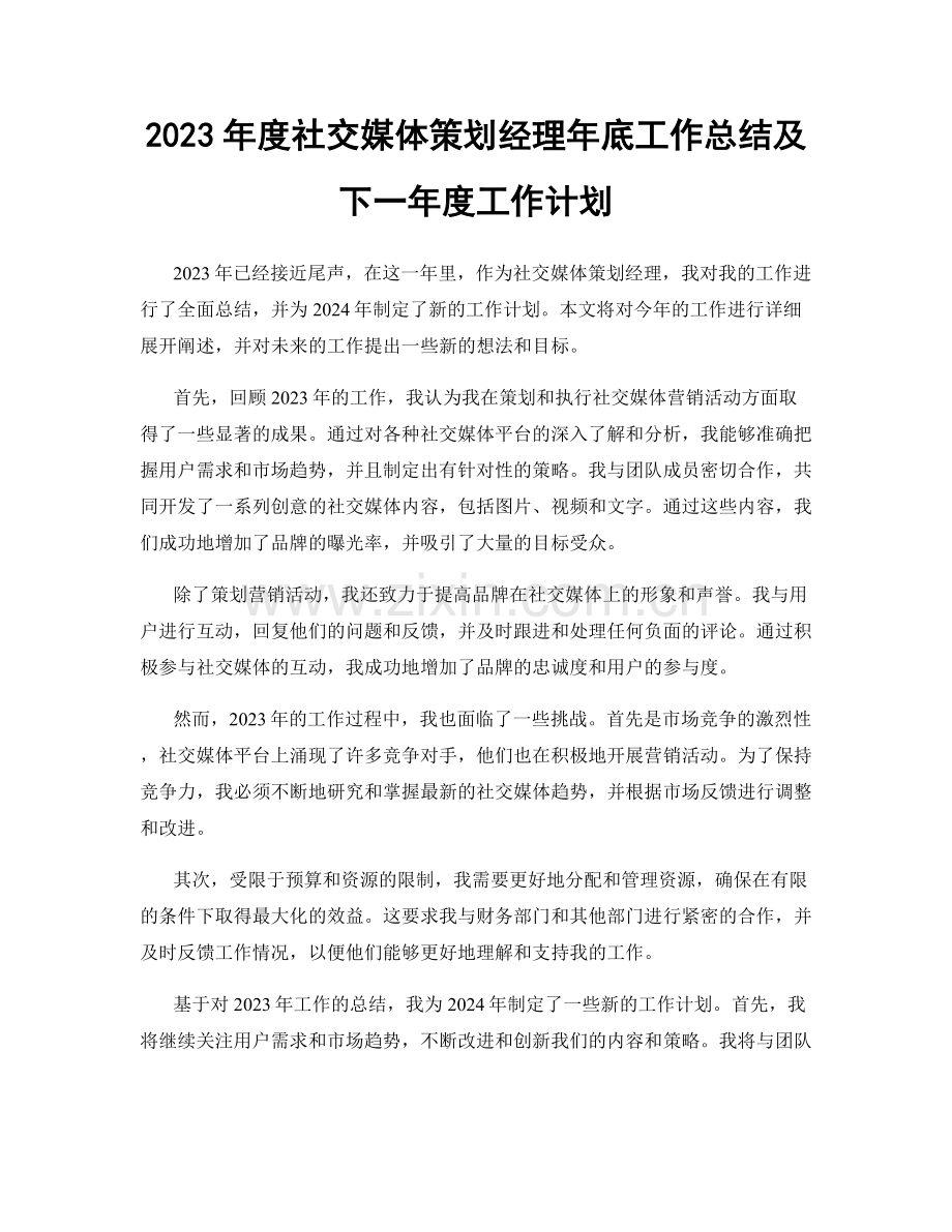 2023年度社交媒体策划经理年底工作总结及下一年度工作计划.docx_第1页