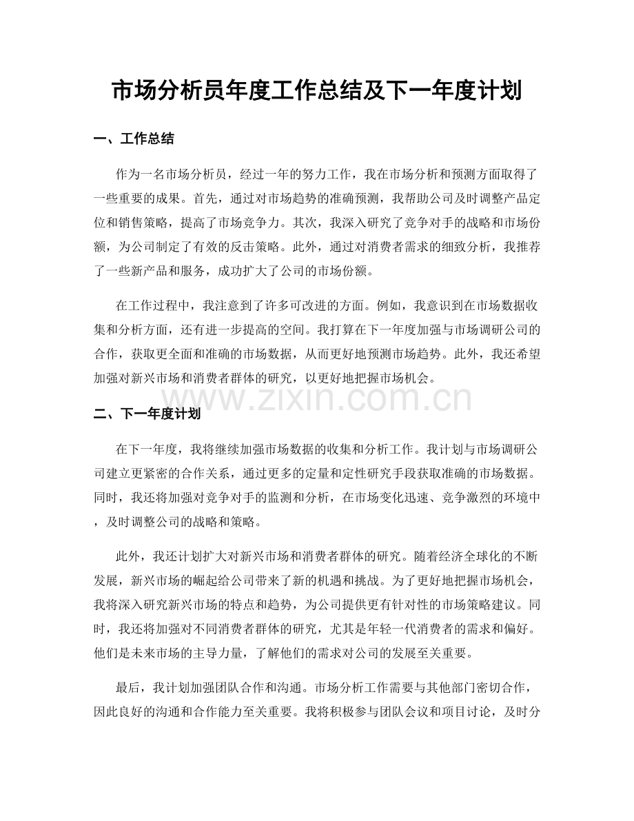 市场分析员年度工作总结及下一年度计划.docx_第1页