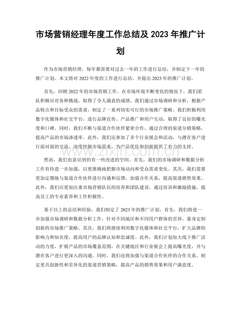 市场营销经理年度工作总结及2023年推广计划.docx_第1页