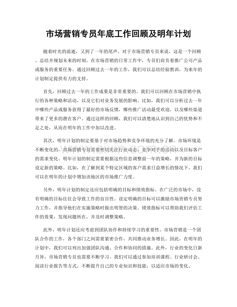 市场营销专员年底工作回顾及明年计划.docx_第1页