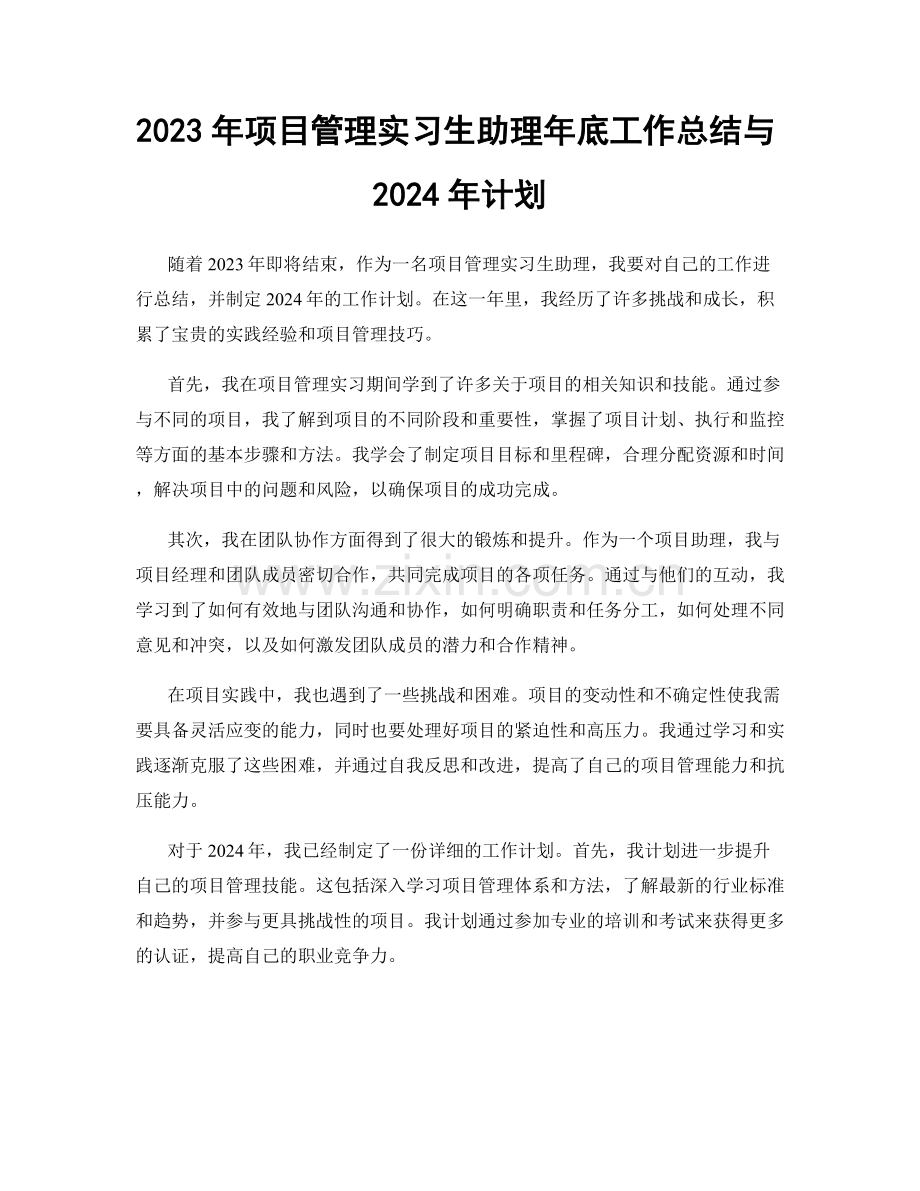 2023年项目管理实习生助理年底工作总结与2024年计划.docx_第1页