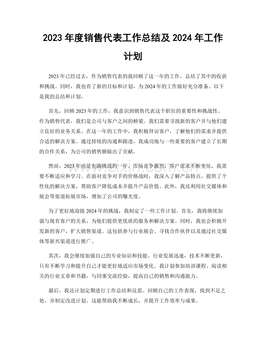 2023年度销售代表工作总结及2024年工作计划.docx_第1页