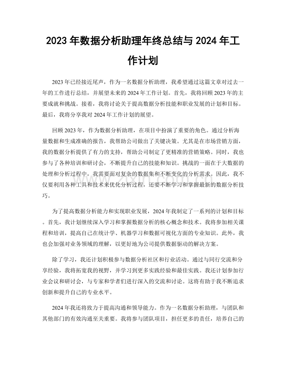 2023年数据分析助理年终总结与2024年工作计划.docx_第1页