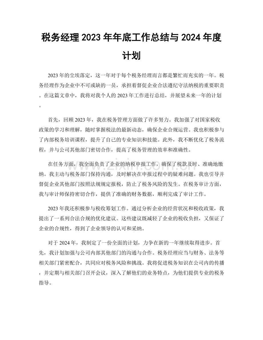 税务经理2023年年底工作总结与2024年度计划.docx_第1页