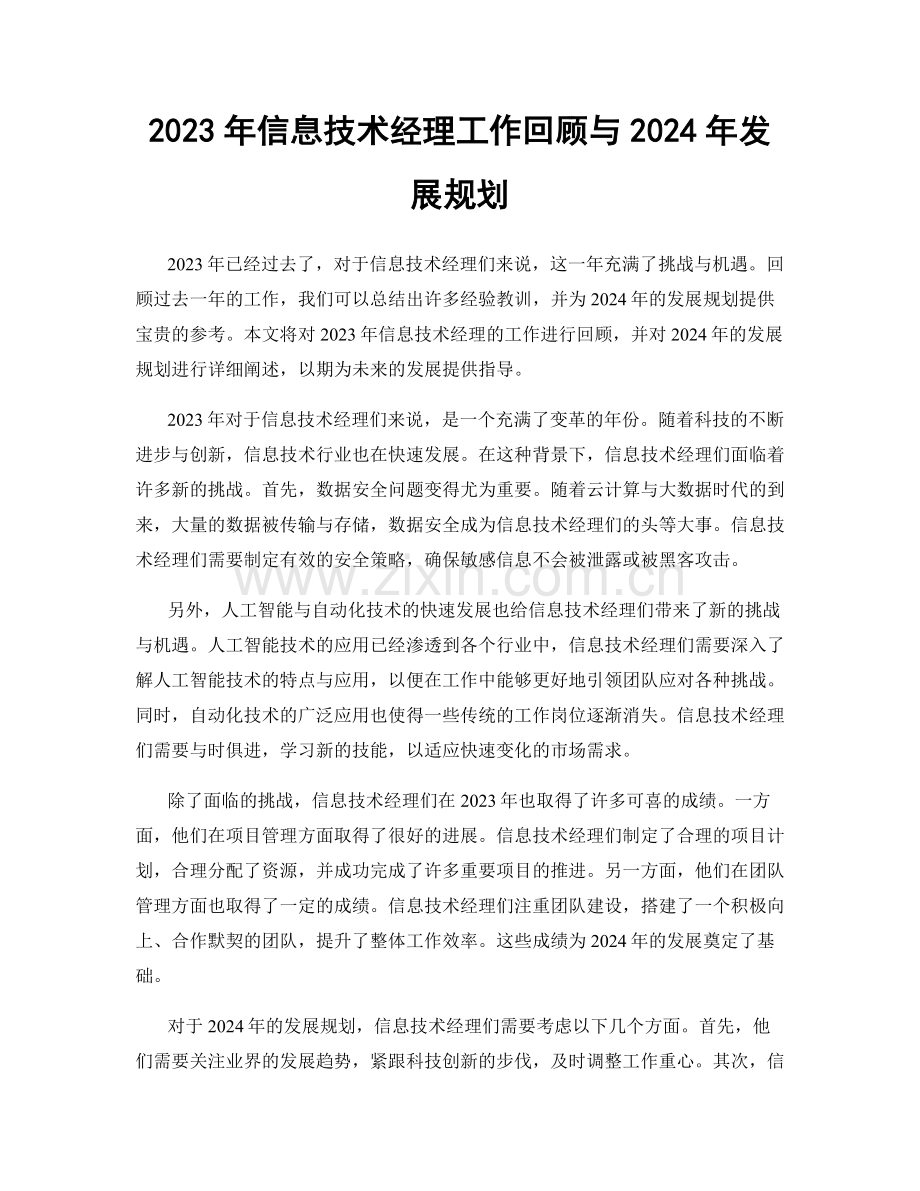 2023年信息技术经理工作回顾与2024年发展规划.docx_第1页