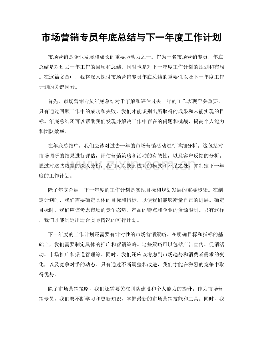 市场营销专员年底总结与下一年度工作计划.docx_第1页