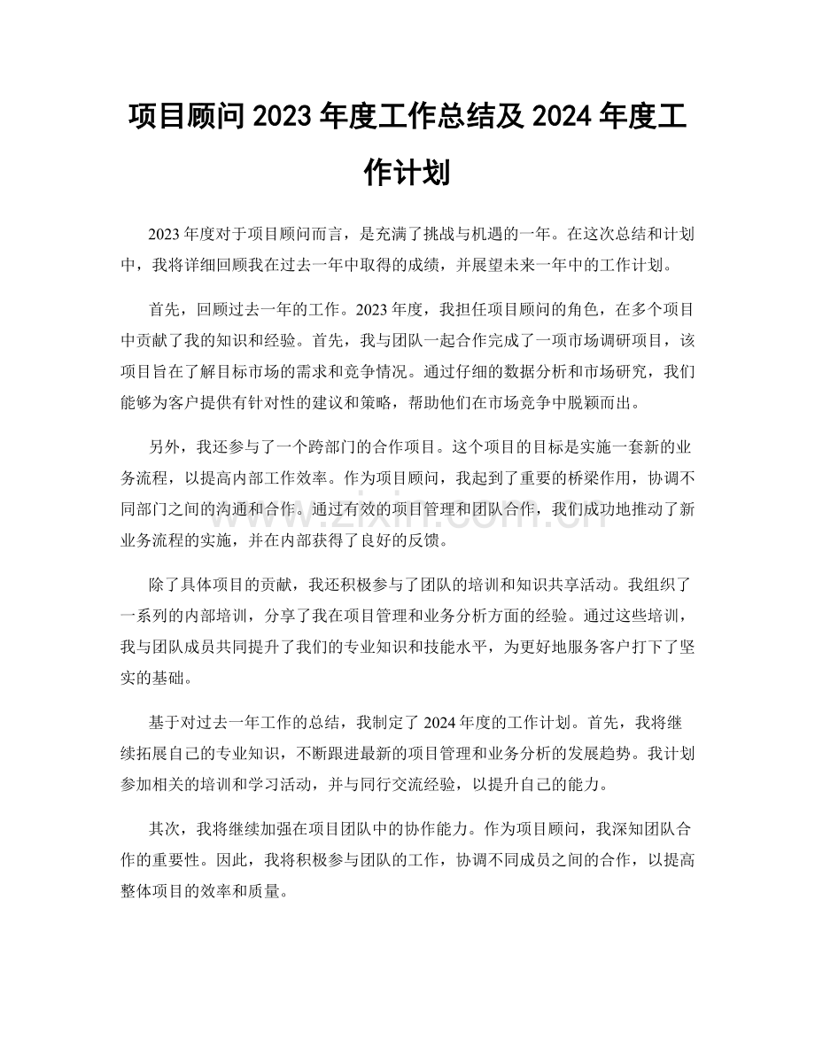 项目顾问2023年度工作总结及2024年度工作计划.docx_第1页