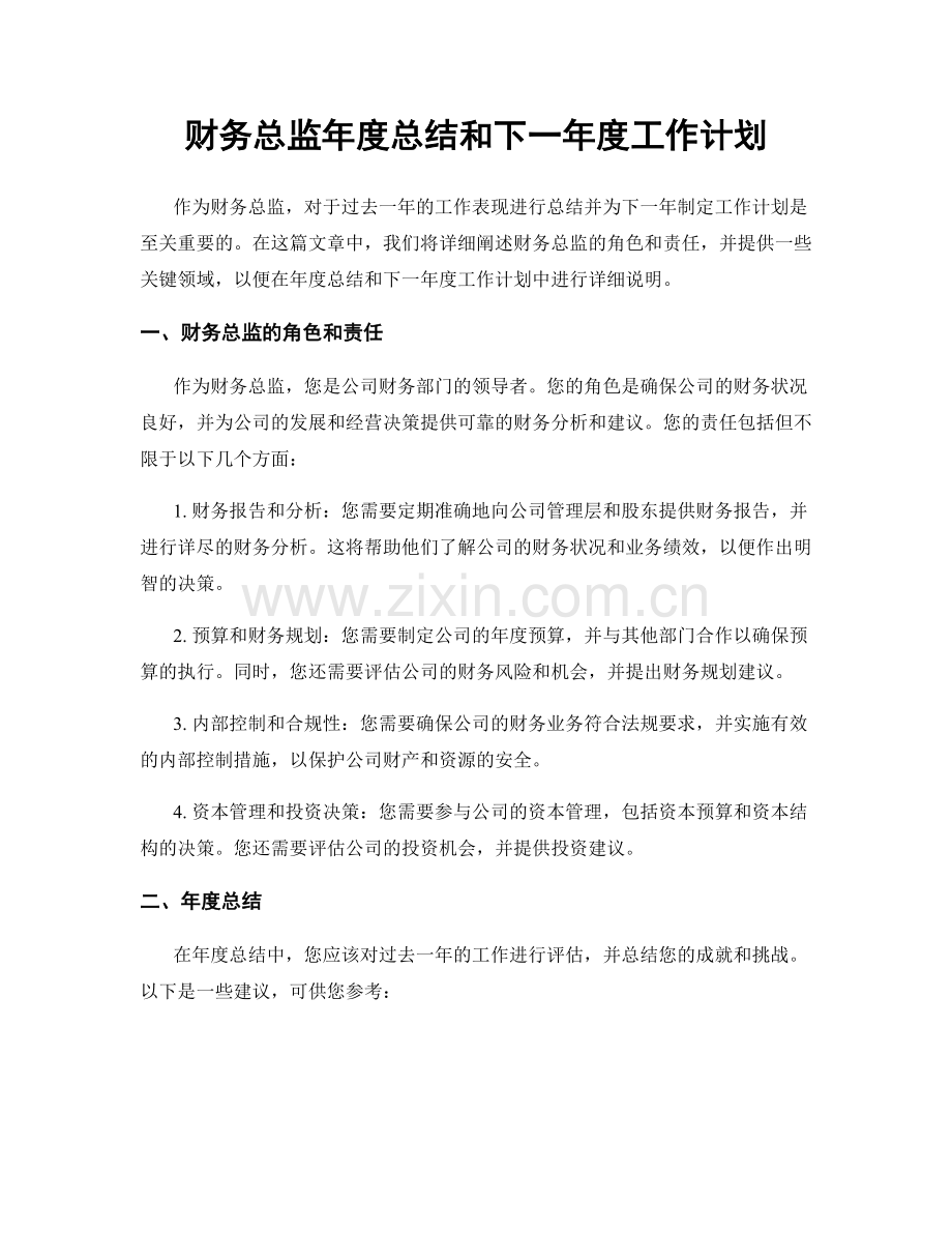 财务总监年度总结和下一年度工作计划.docx_第1页