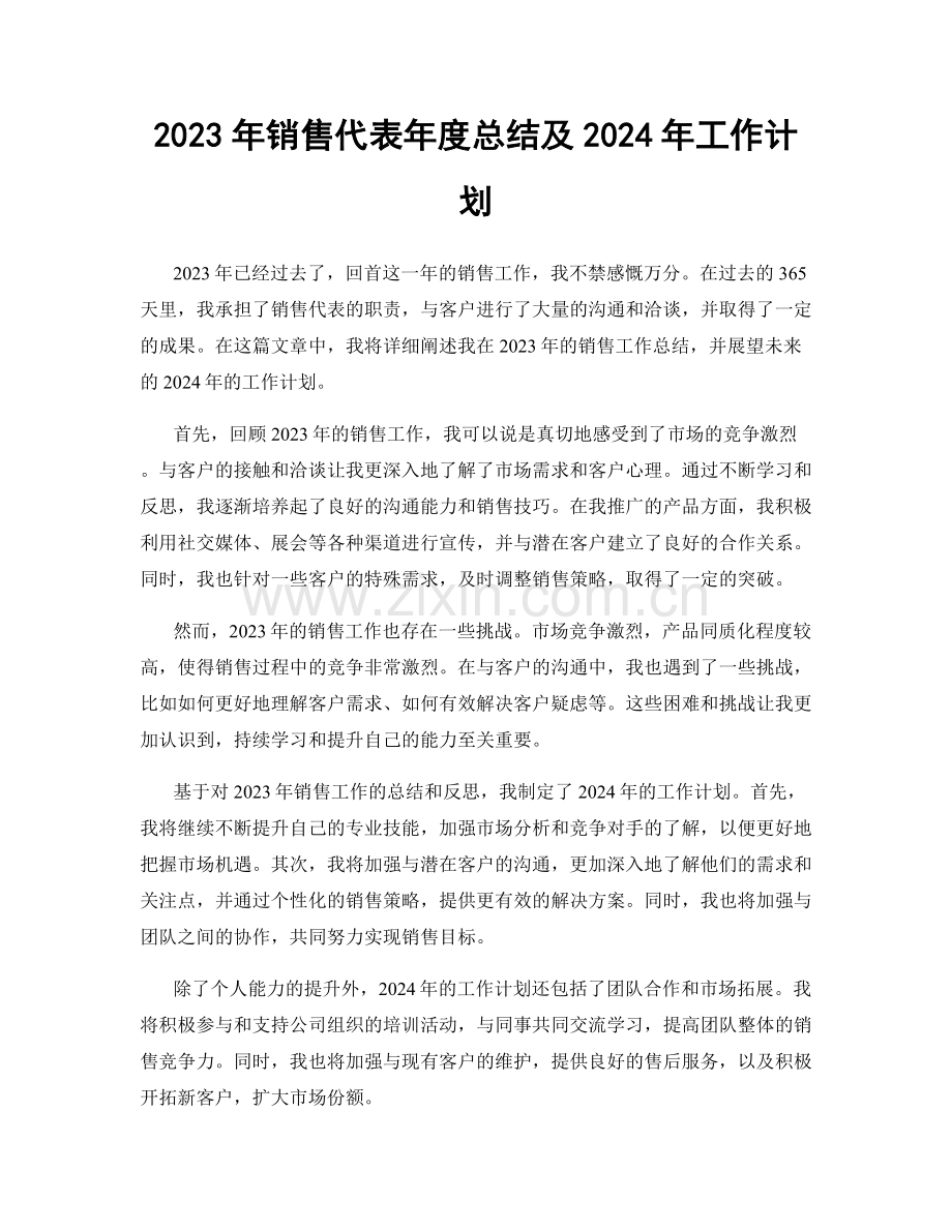 2023年销售代表年度总结及2024年工作计划.docx_第1页