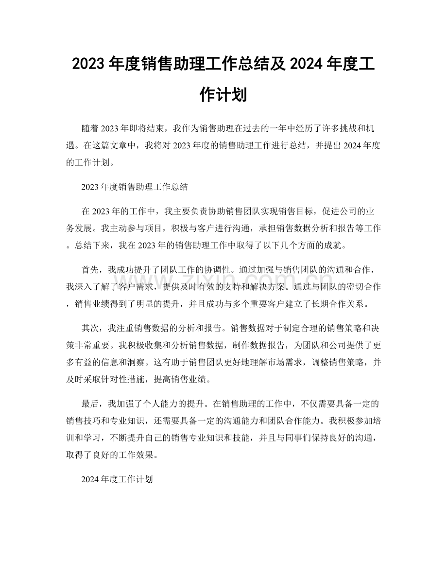 2023年度销售助理工作总结及2024年度工作计划.docx_第1页