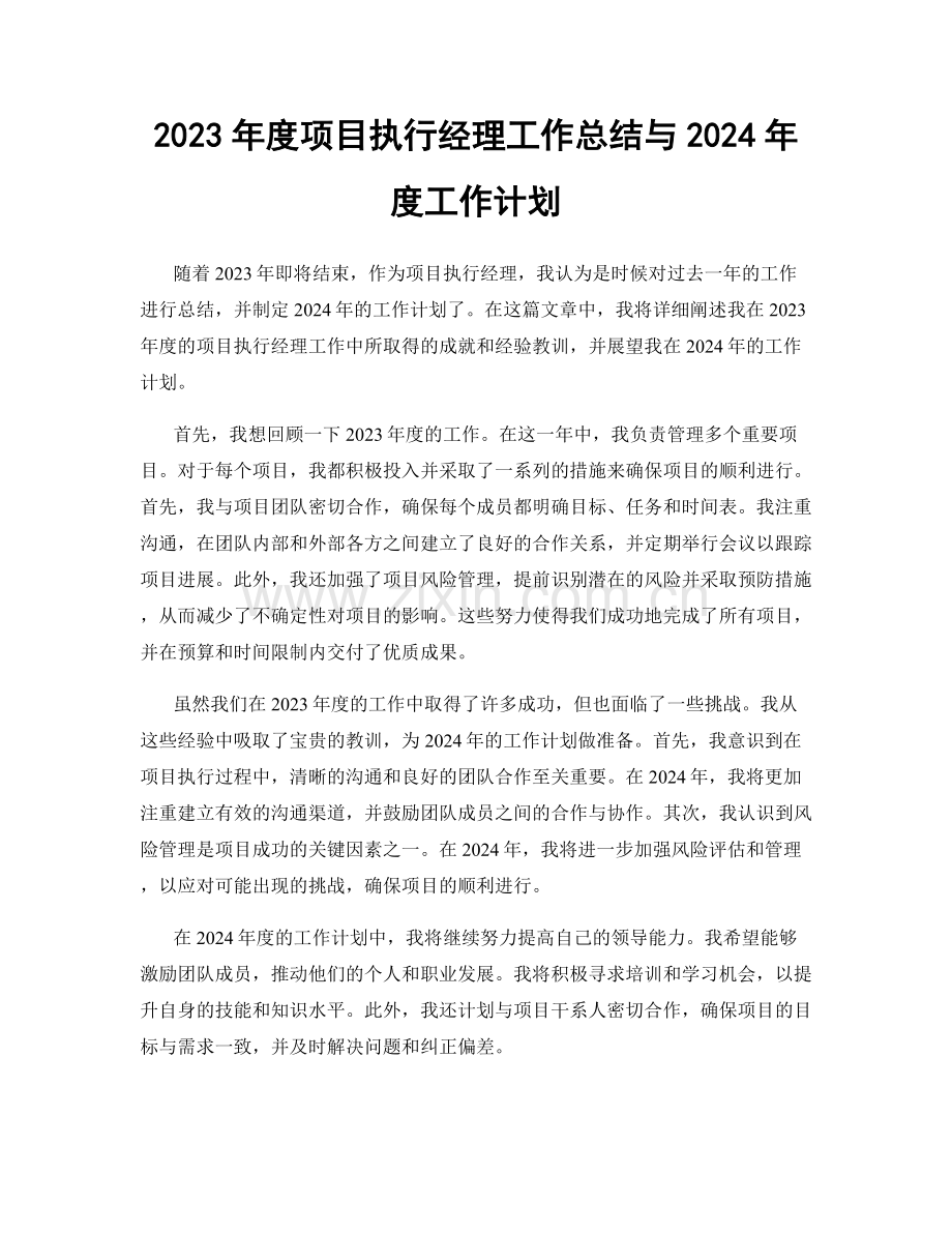 2023年度项目执行经理工作总结与2024年度工作计划.docx_第1页