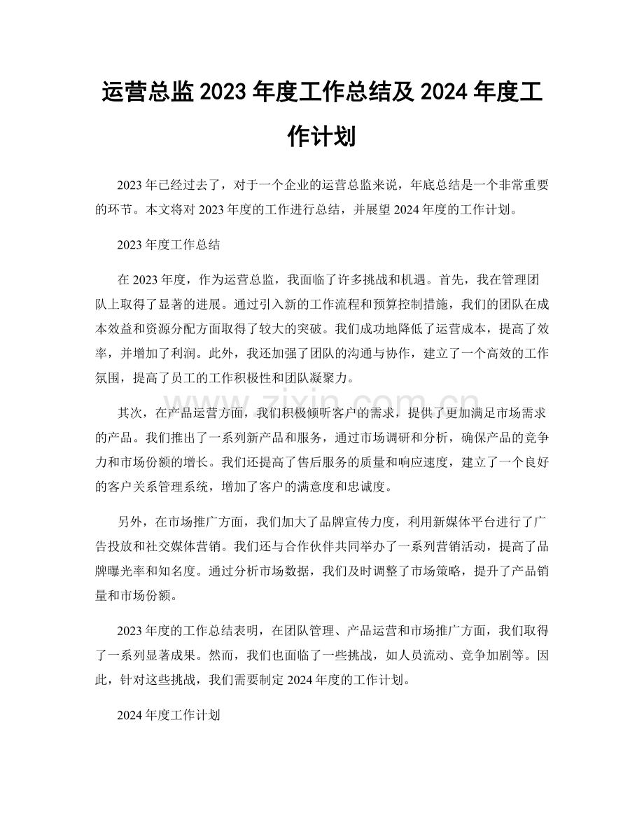 运营总监2023年度工作总结及2024年度工作计划.docx_第1页