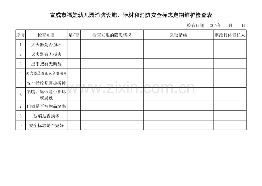 幼儿园消防安全检查表.xls_第1页