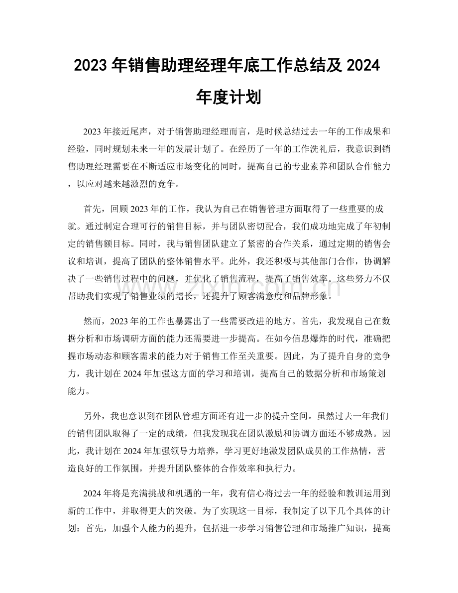 2023年销售助理经理年底工作总结及2024年度计划.docx_第1页