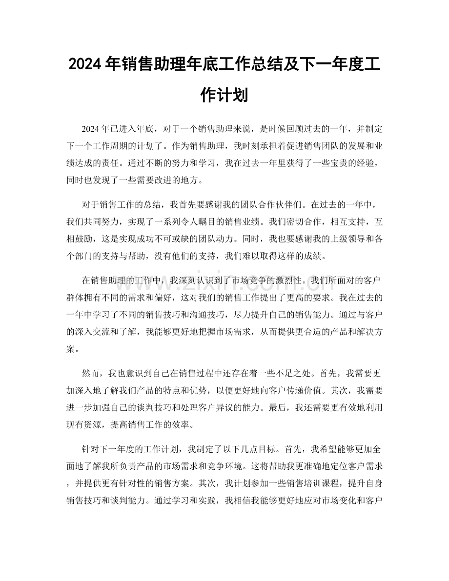 2024年销售助理年底工作总结及下一年度工作计划.docx_第1页