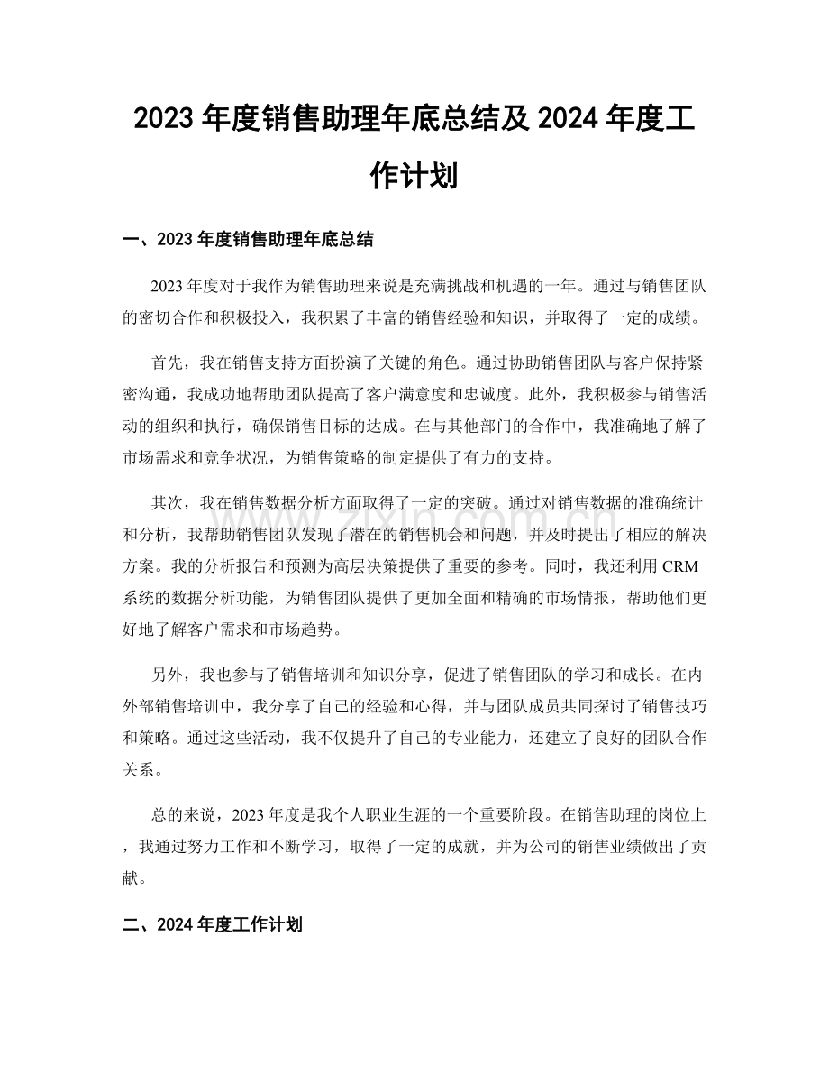 2023年度销售助理年底总结及2024年度工作计划.docx_第1页