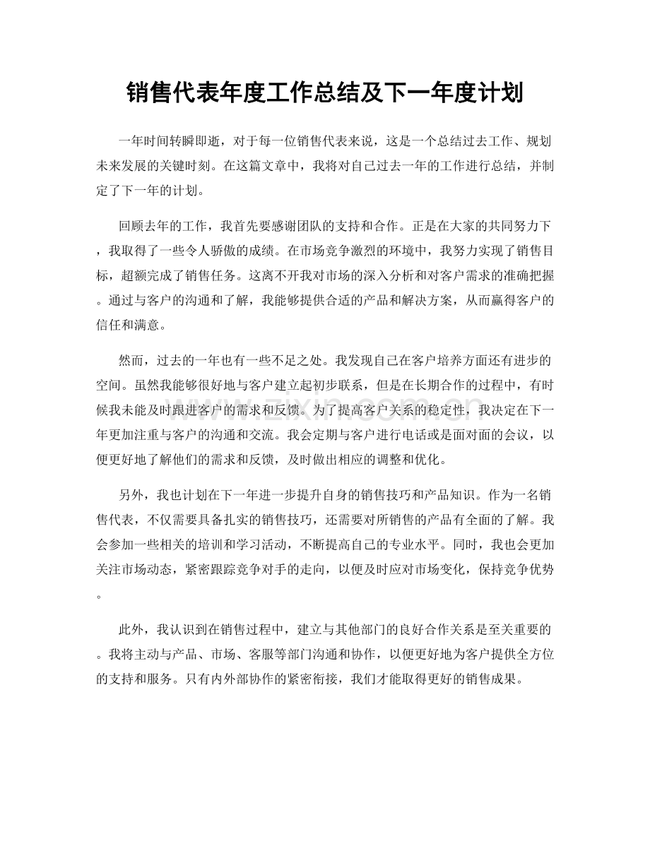 销售代表年度工作总结及下一年度计划.docx_第1页