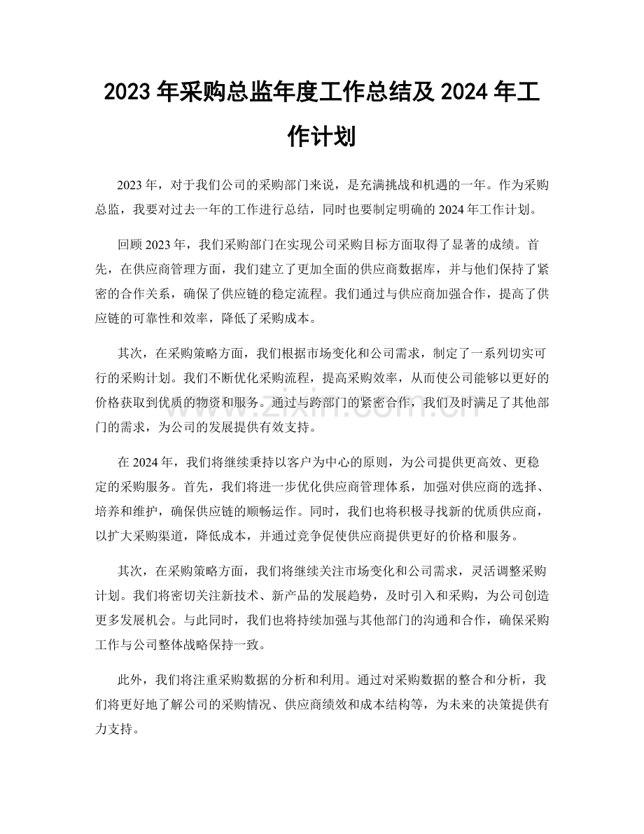 2023年采购总监年度工作总结及2024年工作计划.docx_第1页