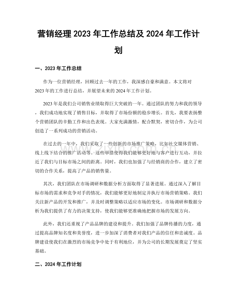 营销经理2023年工作总结及2024年工作计划.docx_第1页