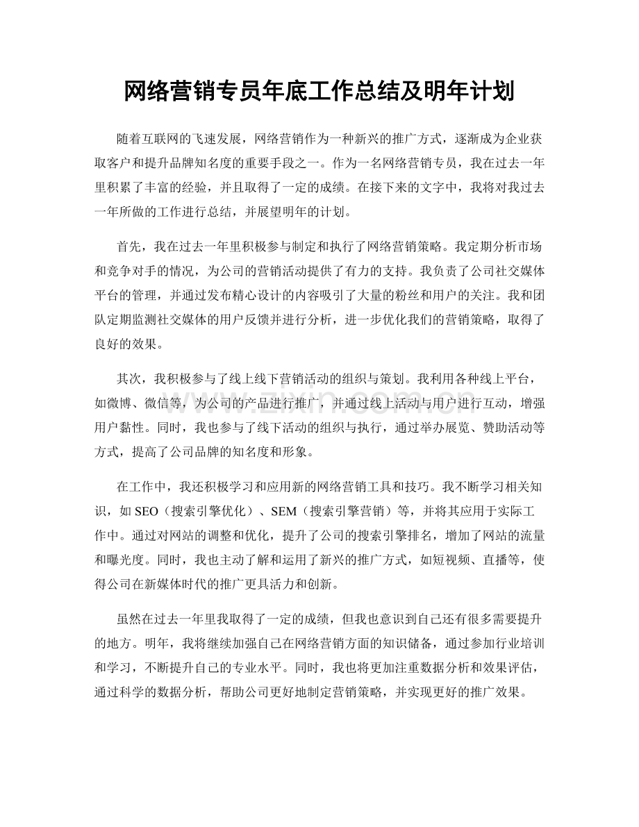 网络营销专员年底工作总结及明年计划.docx_第1页