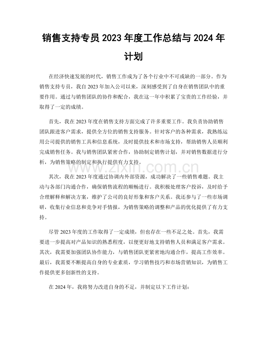 销售支持专员2023年度工作总结与2024年计划.docx_第1页