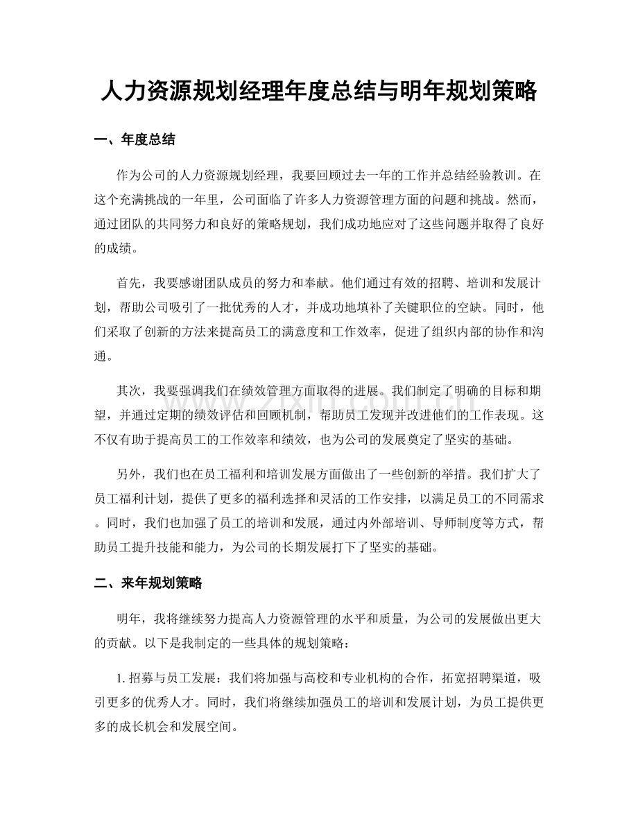 人力资源规划经理年度总结与明年规划策略.docx_第1页