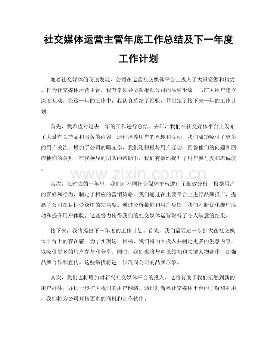 社交媒体运营主管年底工作总结及下一年度工作计划.docx_第1页