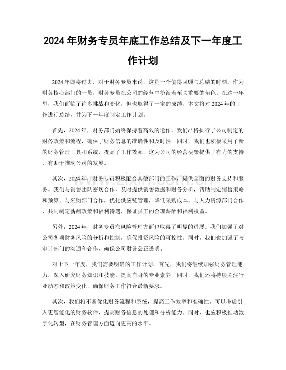 2024年财务专员年底工作总结及下一年度工作计划.docx_第1页