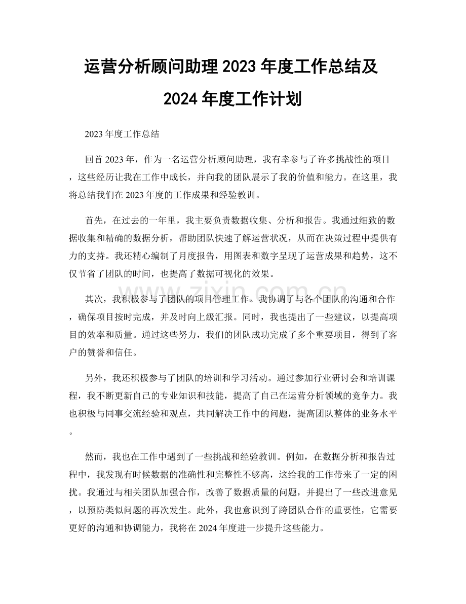 运营分析顾问助理2023年度工作总结及2024年度工作计划.docx_第1页