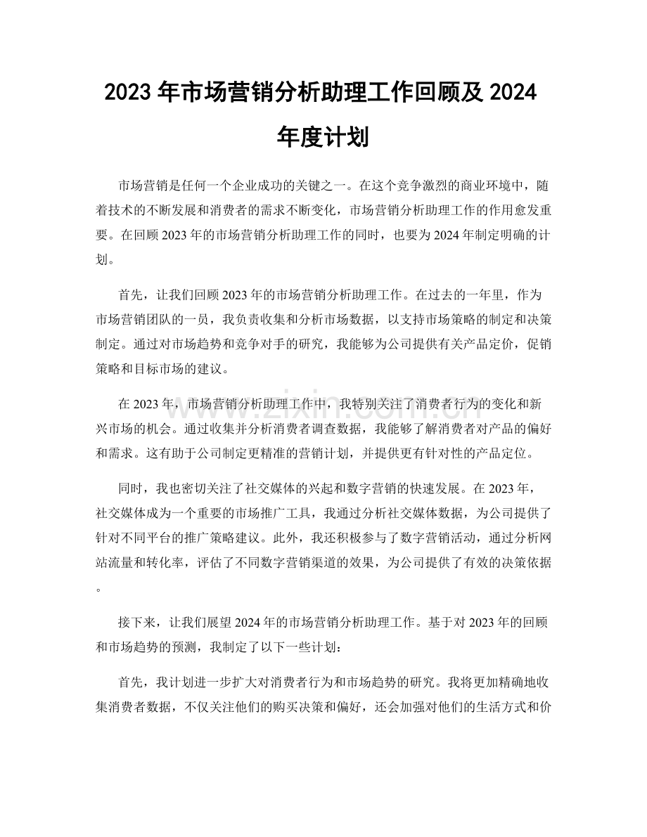 2023年市场营销分析助理工作回顾及2024年度计划.docx_第1页