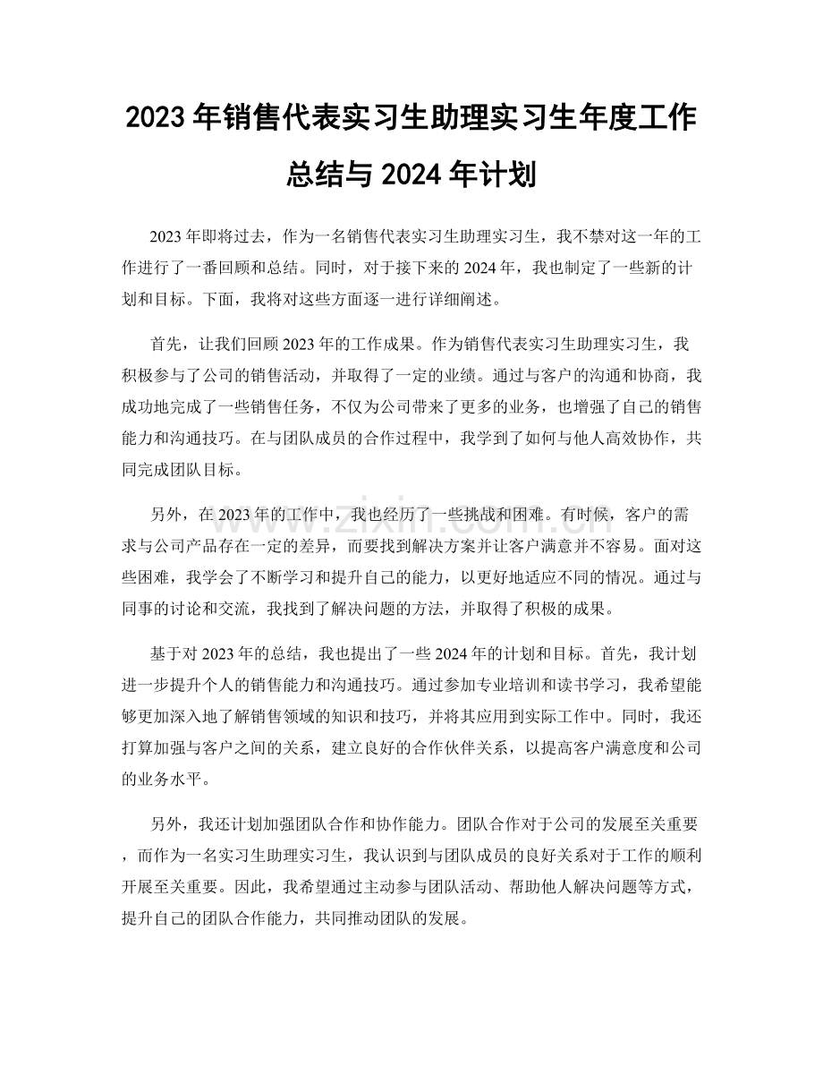 2023年销售代表实习生助理实习生年度工作总结与2024年计划.docx_第1页