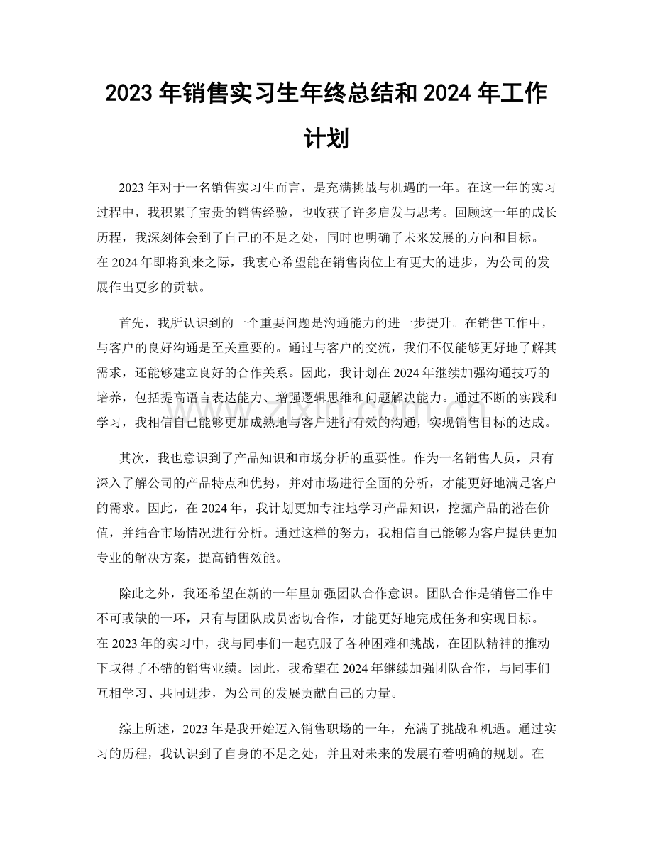 2023年销售实习生年终总结和2024年工作计划.docx_第1页