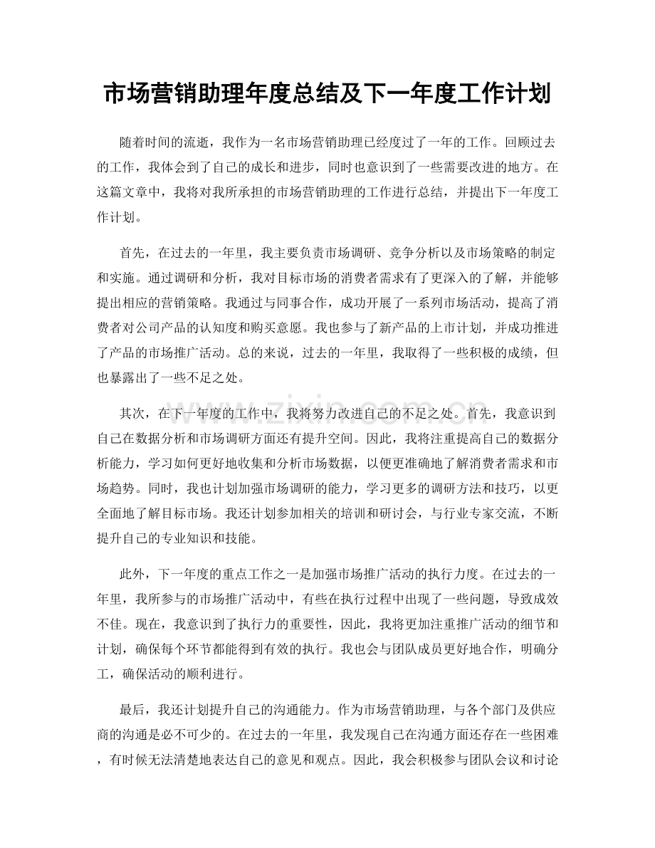 市场营销助理年度总结及下一年度工作计划.docx_第1页