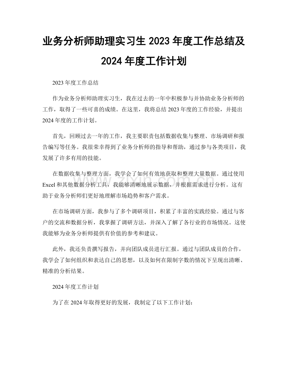 业务分析师助理实习生2023年度工作总结及2024年度工作计划.docx_第1页