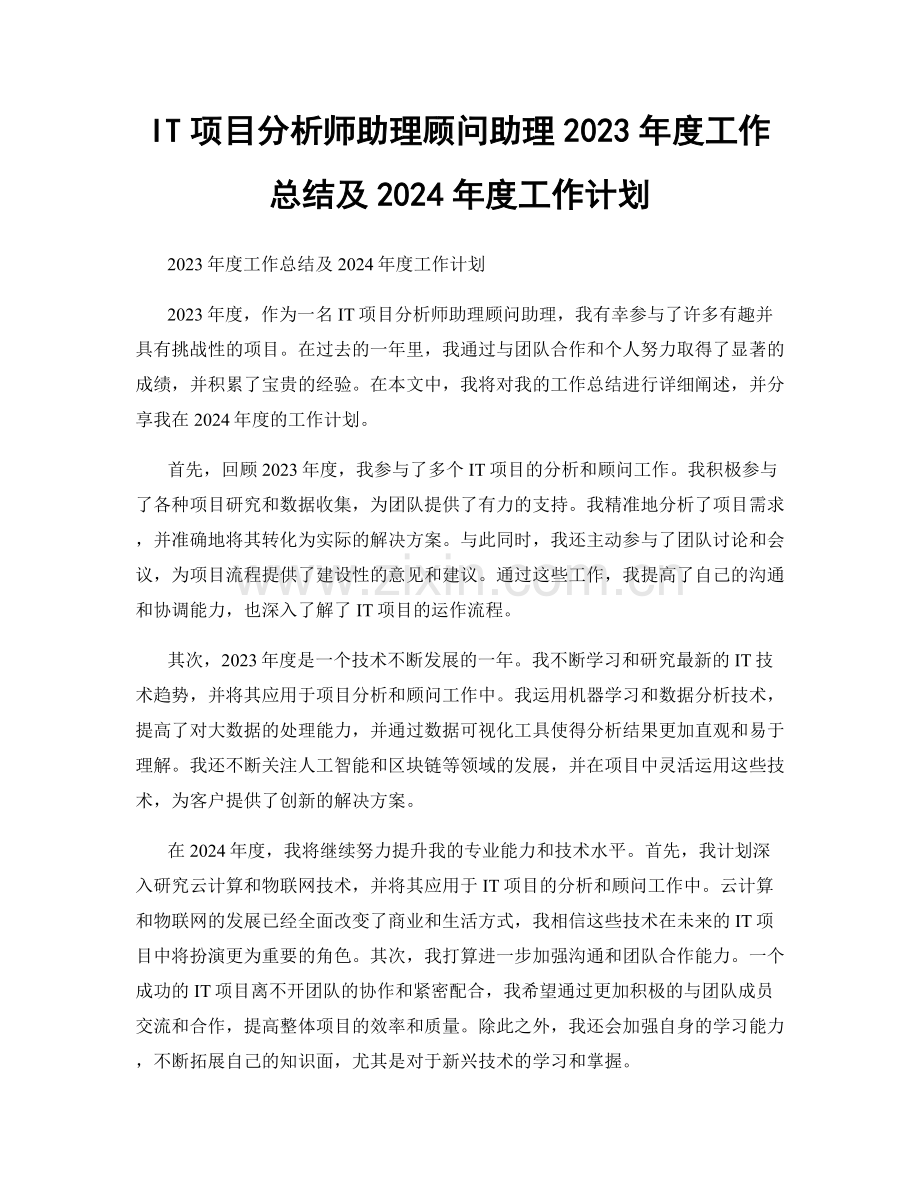 IT项目分析师助理顾问助理2023年度工作总结及2024年度工作计划.docx_第1页