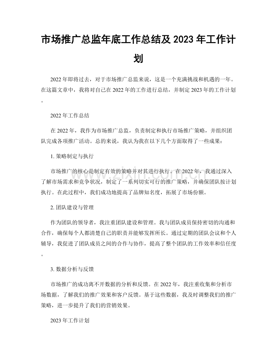 市场推广总监年底工作总结及2023年工作计划.docx_第1页