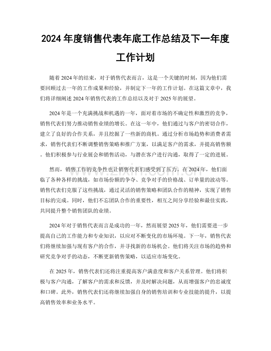 2024年度销售代表年底工作总结及下一年度工作计划.docx_第1页