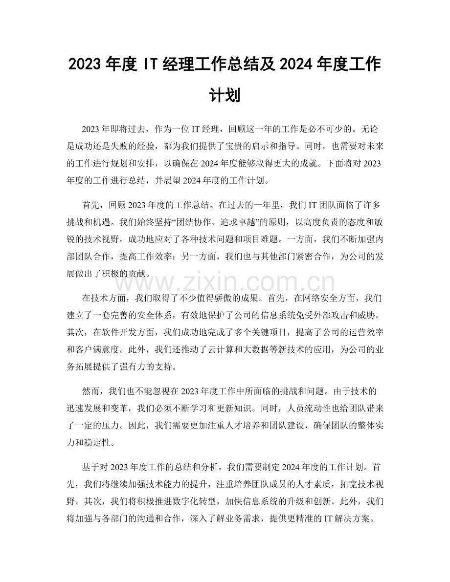 2023年度IT经理工作总结及2024年度工作计划.docx_第1页