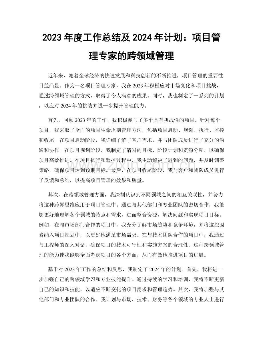 2023年度工作总结及2024年计划：项目管理专家的跨领域管理.docx_第1页