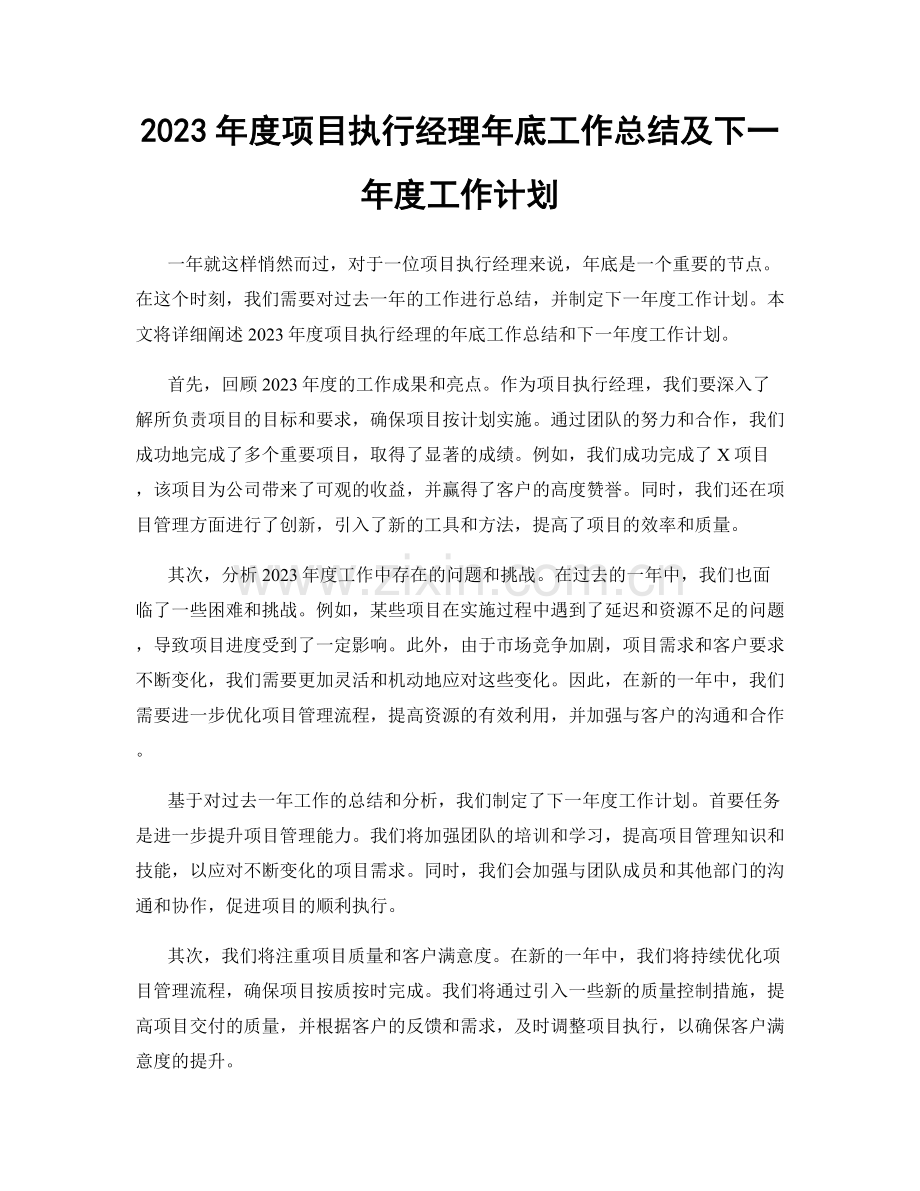 2023年度项目执行经理年底工作总结及下一年度工作计划.docx_第1页