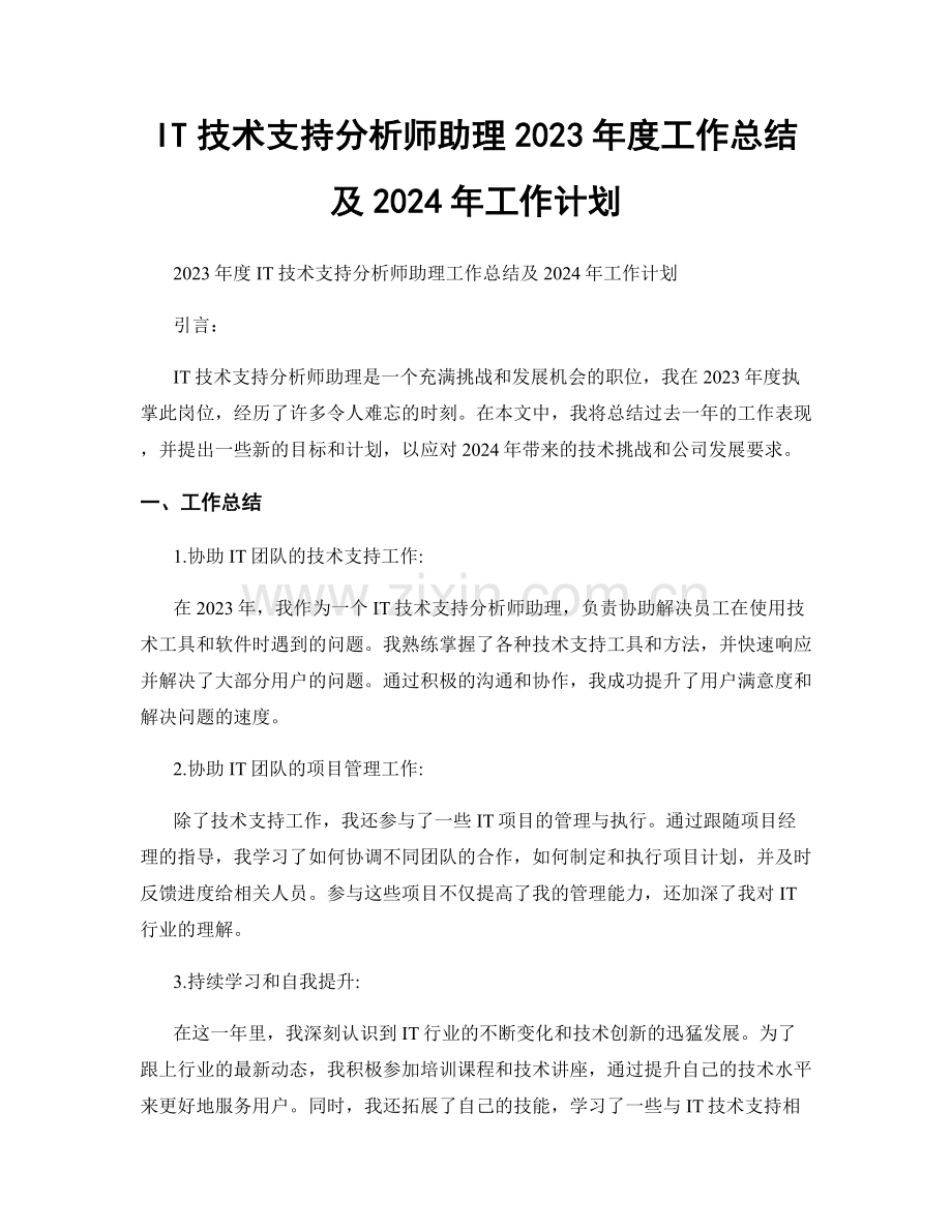 IT技术支持分析师助理2023年度工作总结及2024年工作计划.docx_第1页