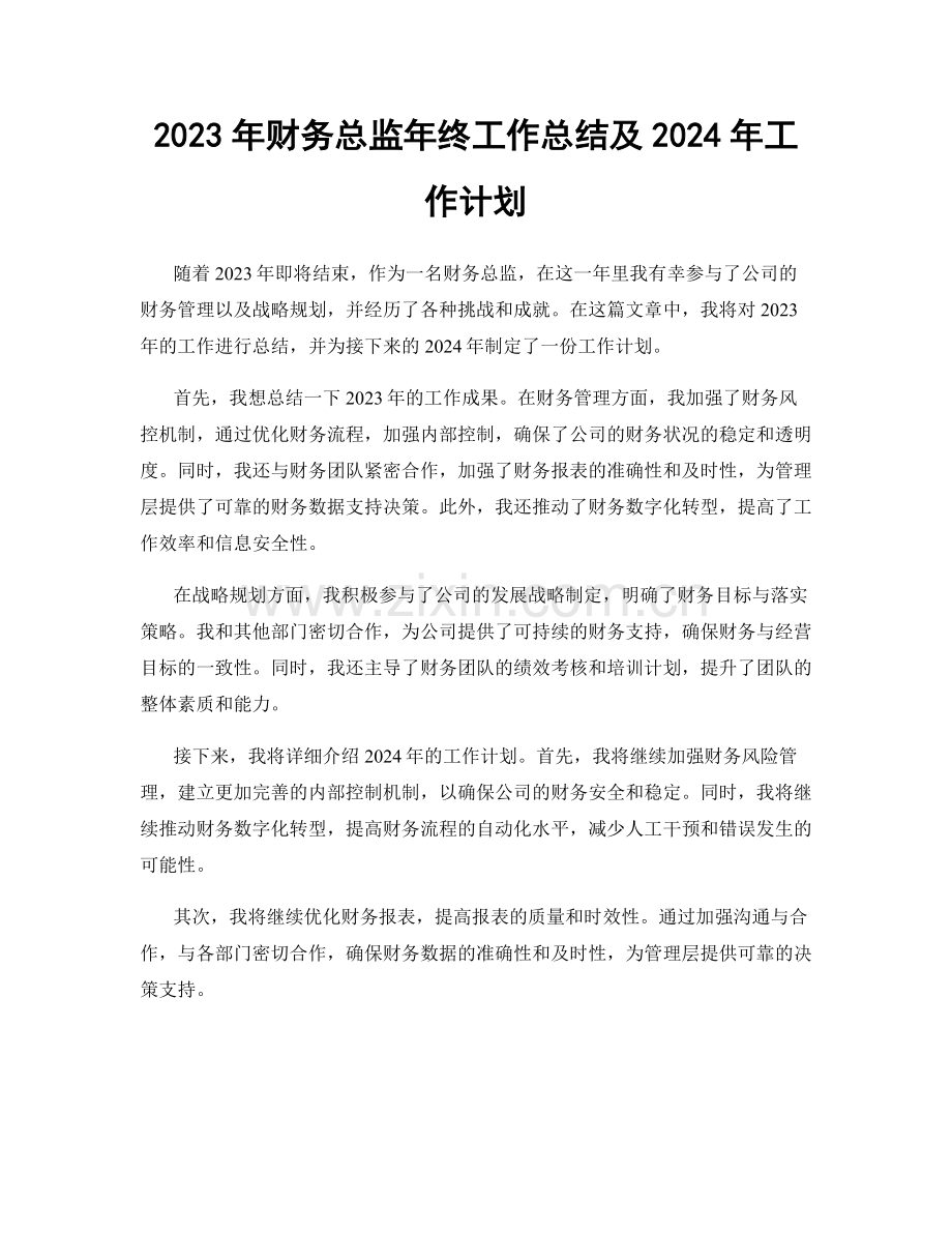 2023年财务总监年终工作总结及2024年工作计划.docx_第1页